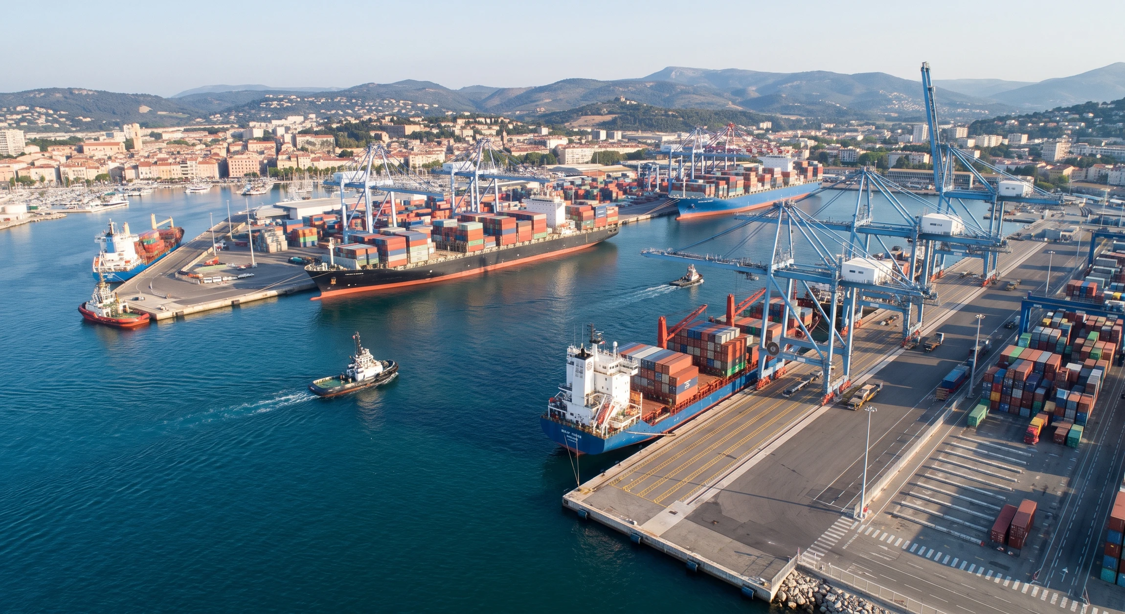 Vue aérienne ou semi-aérienne d'un port maritime professionnel avec navires de fret, cargos, et installations portuaires modernes (grues, conteneurs, quais). La scène capture l'activité portuaire intense avec des navires amarrés et des mouvements de logistique. L'image transmet l'énergie, la professionnalité et la complexité du secteur maritime portuaire. Prise de vue d'une qualité cinématographique, lumière naturelle claire, perspective dynamique.