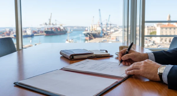 Gros plan sur une table de travail maritime : un dossier ou classeur de couleur sombre est ouvert, révélant des pages contractuelles officielles marquées "DSP" ou "Délégation de Service Public". À proximité, une signature officielle au stylo noir est en cours sur un document tamponné. En arrière-plan légèrement flou mais reconnaissable : une vue de port maritime avec navires amarrés et installations portuaires visibles par une fenêtre. Lumière naturelle professionnelle, ambiance de signature contractuelle authentique et officielle dans un contexte portuaire.