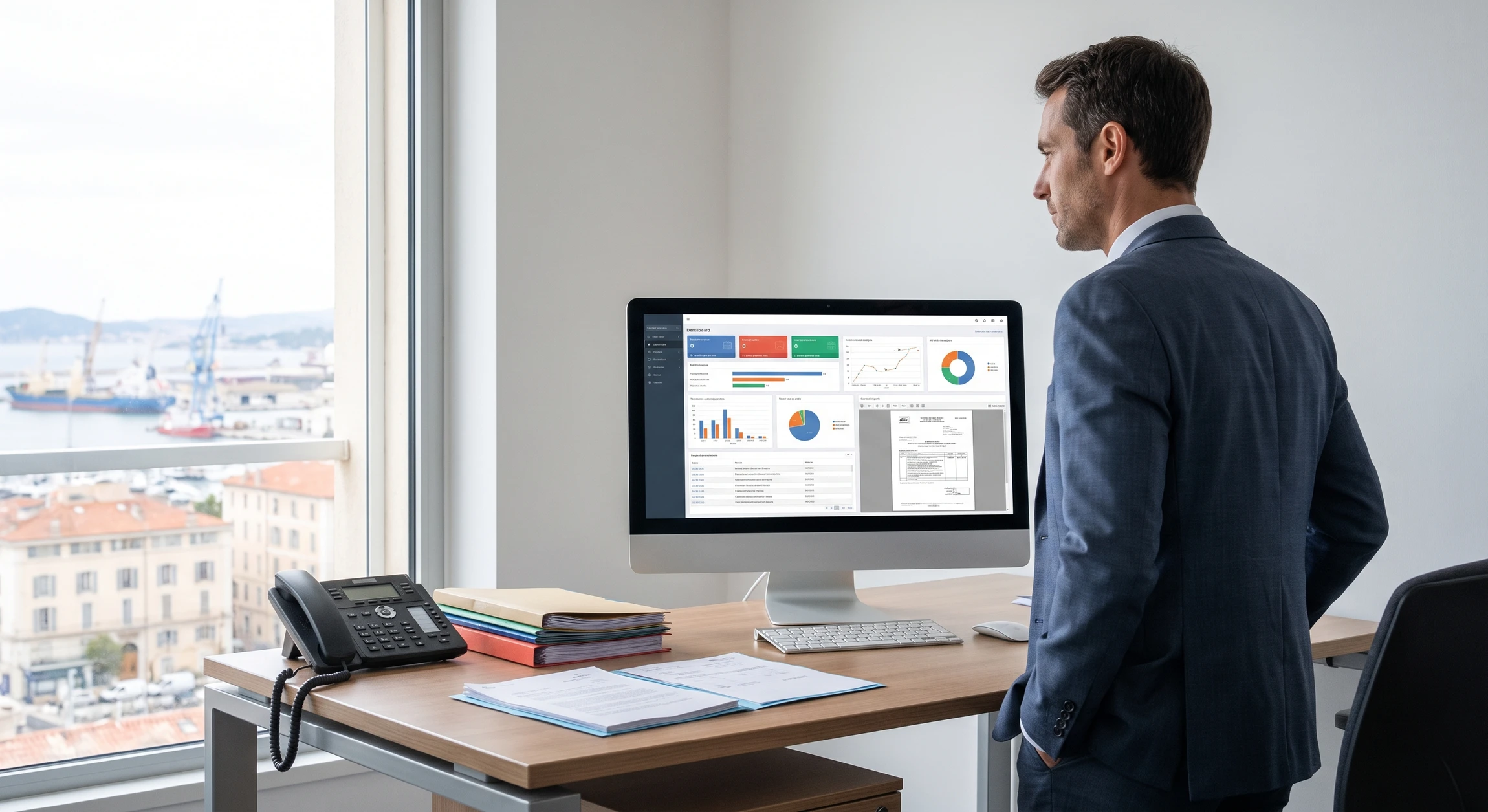Photographie réelle en intérieur d'un bureau professionnel moderne. Un consultant en tenue business se tient debout face à un écran d'ordinateur de bureau affichant des graphiques, tableaux de bord et documents relatifs aux appels d'offres publics. À proximité sont visibles des dossiers, documents papier et un téléphone professionnel. La lumière naturelle provient d'une fenêtre latérale. L'image doit transmettre la rigueur, l'expertise et la concentration professionnelle caractéristiques du conseil spécialisé.