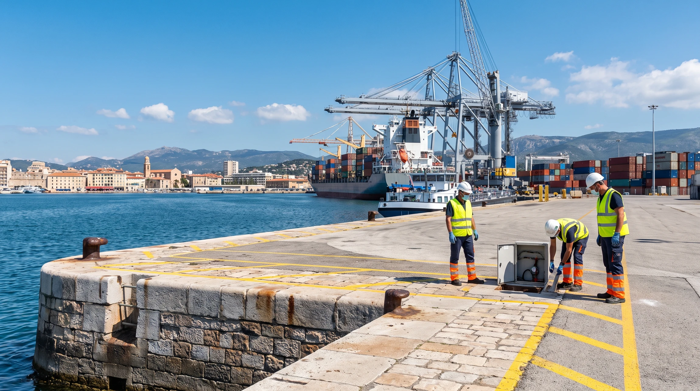 Photographie d'un port maritime français en activité montrant des navires professionnels (cargo, chalutier ou bateau de service) amarrés au quai, avec des installations portuaires (grues de déchargement, conteneurs, ou équipements de manutention) visibles en arrière-plan. Au premier plan, des panneaux de signalisation ou des marques de délimitation du domaine public portuaire. Lumière naturelle de jour, ciel dégagé ou partiellement nuageux. La composition doit transmettre l'autorité, la conformité et la professionnalité du contexte maritime public français.