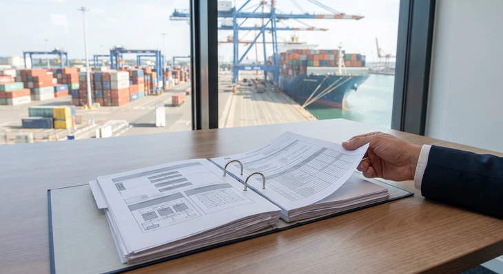 Photographie d'un professionnel en tenue business casual, assis à un bureau moderne, consultant attentivement son écran d'ordinateur dans un environnement de bureau contemporain inondé de lumière naturelle. En arrière-plan flou, des équipements portuaires (grues, navires) ou des baies vitrées donnant vue sur un port maritime. L'image doit transmettre la concentration, la vigilance professionnelle et la connexion à l'univers maritime portuaire. Pas de personnes multiples, pas de poignée de main, pas de sourires, une atmosphère de travail sérieuse et proactive.