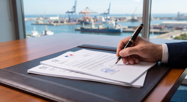 Photographie en extérieur montrant un port maritime actif avec des professionnels en tenue business consulter ensemble des documents administratifs ou des plans portuaires devant une vue de bassin, quais, navires ou grues portuaires en arrière-plan, illustrant l'expertise en démarches administratives portuaires.
