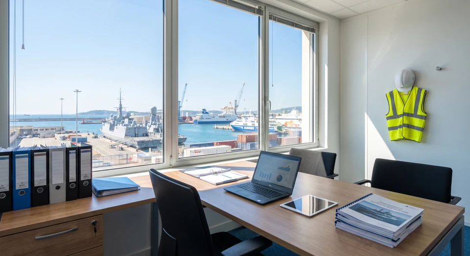 Photographie d'un environnement portuaire professionnel montrant une partie de la façade ou du bureau d'un cabinet d'audit avec vue sur le port de Toulon en arrière-plan. Au premier plan, un bureau avec des documents relatifs aux marchés publics, des classeurs ou dossiers étiquetés, un ordinateur, et une vue partielle sur les installations portuaires (grutage, navires, conteneurs ou infrastructure portuaire) visible par la fenêtre. L'image doit transmettre l'expertise et la spécialisation du cabinet dans le domaine portuaire et maritime français.