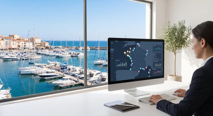 Photographie d'un professionnel en tenue business casual travaillant à son bureau, penché sur des documents administratifs et dossiers d'appels d'offres étalés devant lui, avec un écran d'ordinateur affichant des schémas ou données maritimes en arrière-plan flou. L'environnement de bureau moderne laisse entrevoir des éléments contextuels maritimes discrets (maquette de navire, carte portuaire, plans nautiques) sur les étagères. La scène capture l'expertise et la concentration spécialisée dans le conseil aux marchés publics marins, sans texte visible. Lumière naturelle douce entrant par une fenêtre côtière.