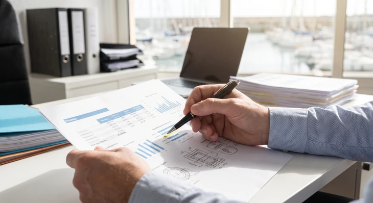 Photo réaliste d'une session de formation ou réunion professionnelle en intérieur moderne, montrant deux à trois professionnels en tenue business autour d'une table de travail. Au moins un écran ou document visible affichant des contenus relatifs aux marchés publics, au secteur portuaire ou maritime (diagrammes, schémas d'appels d'offres, plans portuaires, etc.). Lumière naturelle chaleureuse. L'atmosphère doit transmettre l'expertise, le partage de connaissance et l'accompagnement dans un contexte professionnel maritime ou portuaire, sans personnages fictifs ou éléments anachroniques.