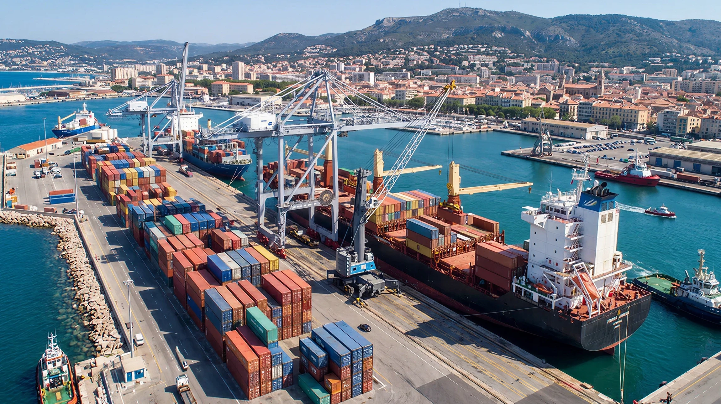 Port de plaisance avec nombreux voiliers et bateaux à moteur amarrés aux pontons flottants